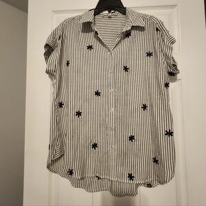 Jane Delancey Black And White Striped Floral Short Sleeve Button Down Sz S